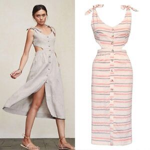 NWT Reformation Gisela Midi White Pink Dress Stripes Linen Size 2